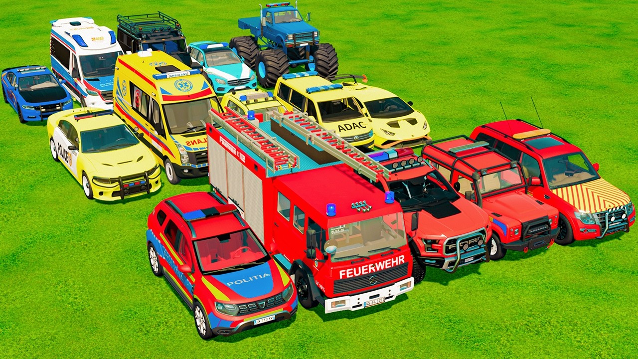TRANSPORTING CARS, AMBULANCE, POLICE CARS, FIRE TRUCK OF COLORS! WITH TRUCKS! - FS 22