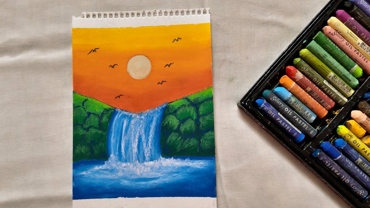 Step by Step Oil Pastel Waterfall Sunset for Beginners