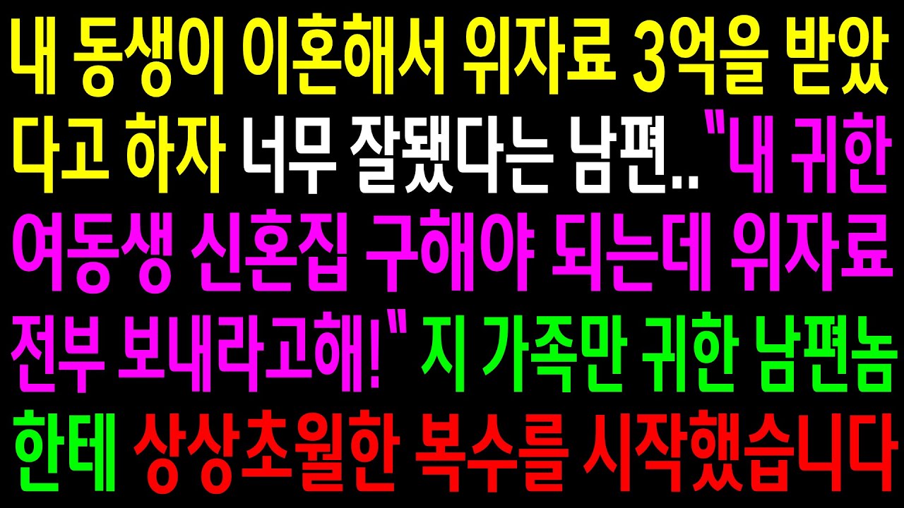 (반전사연)내 동생이 이혼해서 위자료 3억을 받았다고 하자 너무 잘됐다는 남편..지 가족만 귀한 남편놈한테 상상초월한 한방을 시작했습니다[신청사연][사이다썰][사연라디오]