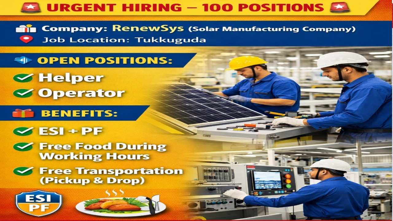 Manufacturing Solar Company || Tukkuguda Hyderabad Jobs || Free Food  & Pickup & Drop || Good Salary