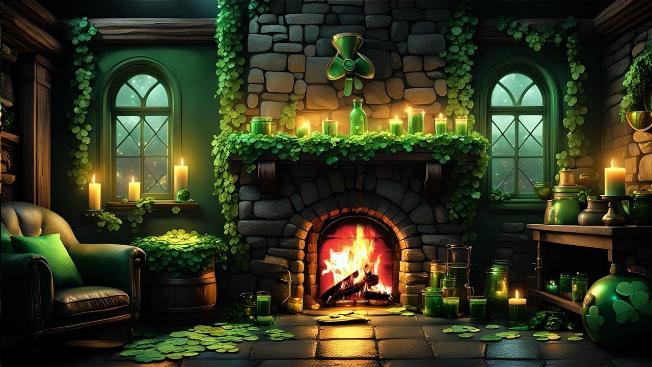 ST PATRICKS DAY FIREPLACE AMBIENCE-COZY GREEN LIVING ROOM- SOOTHING FIREPLACE SOUNDS ONLY-RELAX ASMR