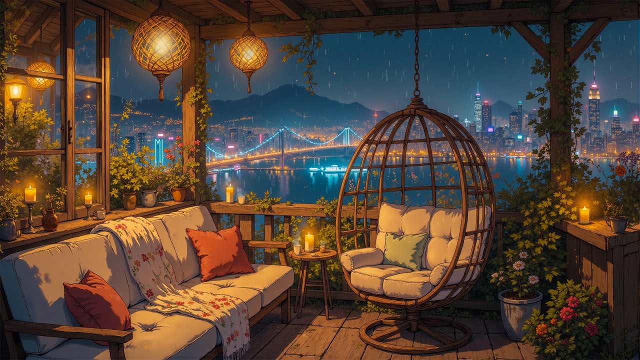 Japan Rainy Night Balcony 🌙 Lofi Beats & Peaceful Raindrop Notes | For Study, Sleep & Relaxation
