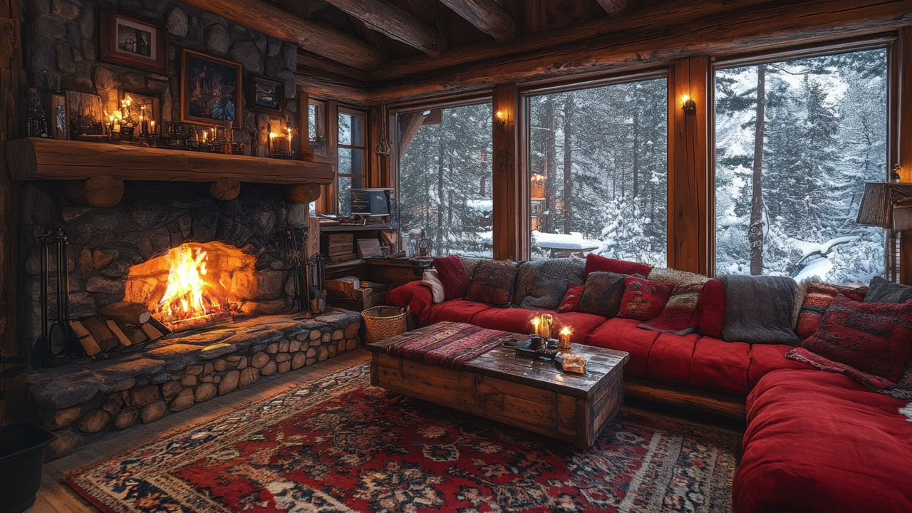 Cozy Cabin Fireplace ❄️ Snow Falling Outside | Relaxing Ambient Fire Sounds (1 Hour)