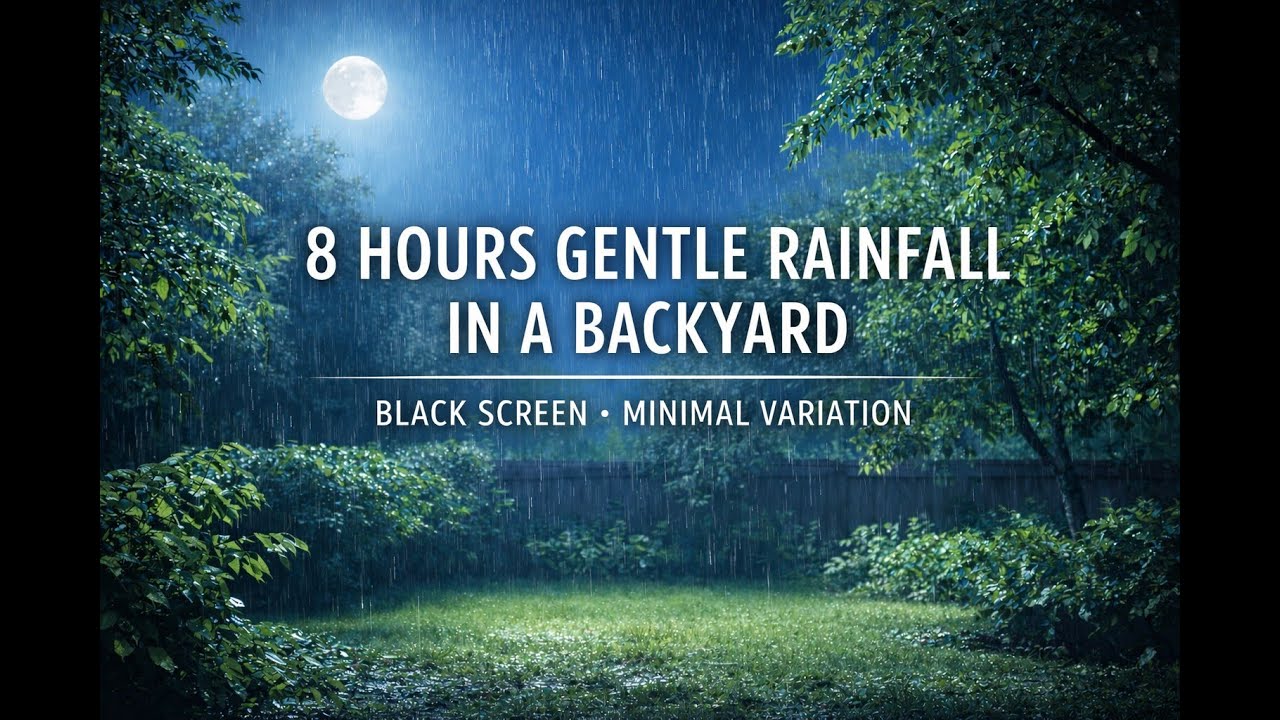 8 Hours Gentle Rainfall in a Backyard – Black Screen, Minimal Variation