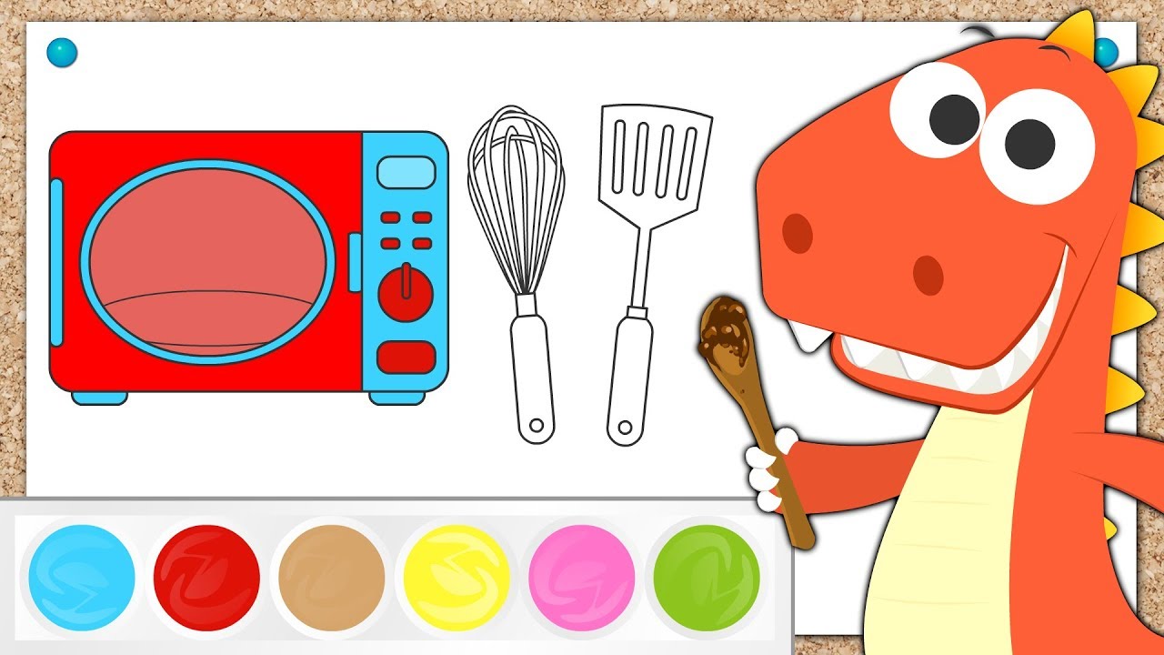 Aprende con Eddie a colorear objetos de cocina 🎨 Eddie colorea un microondas, guante de cocina