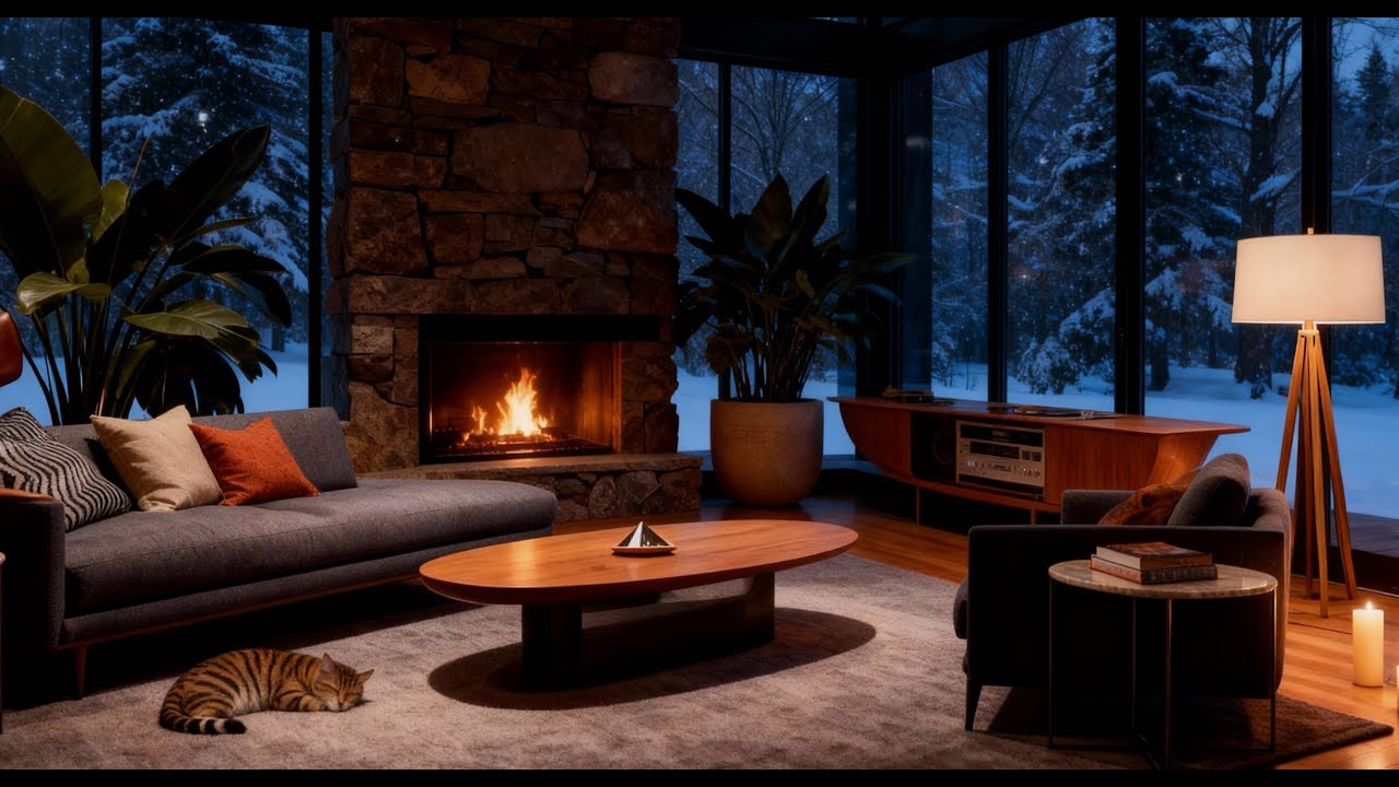 Snowy Night Fireplace ❄️ Cozy ASMR with Sleeping Tiger Cat