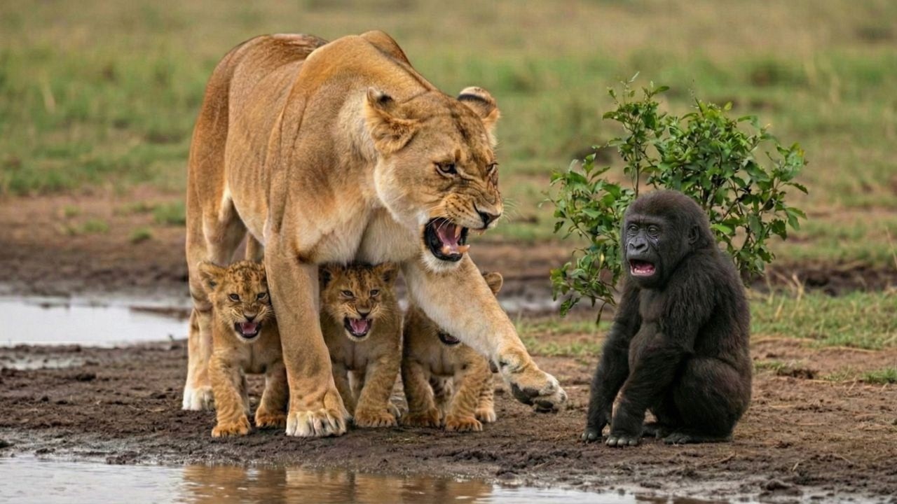 Lioness Finds a Helpless Baby Gorilla… Seconds Later, Something Shocking Happens