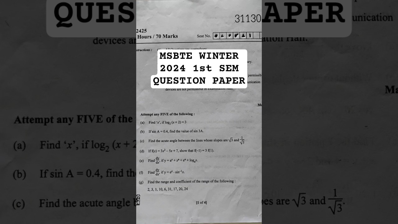 MSBTE WINTER 2024 EXAM MATHEMATICS QUESTION PAPER DIPLOMA IN CIVIL ENGINEERING #exam