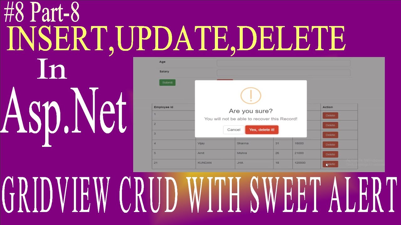 gridview CRUD operation | delete asp.net gridview row  with sweet alert confirmation | Asp.Net