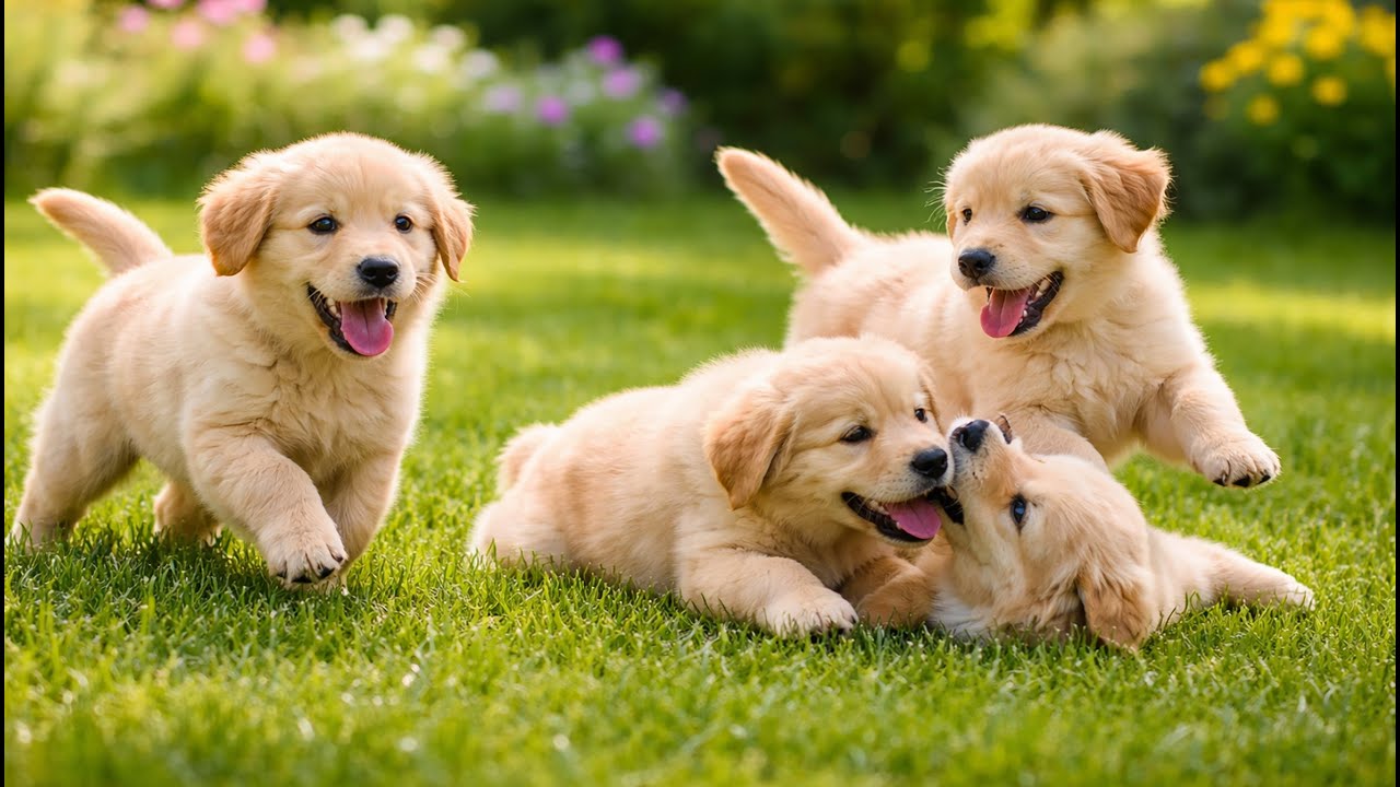 🐶💚 Playful Puppies Running on Green Grass with Mom | Relaxing Dog Sounds | Dog Sounds Video