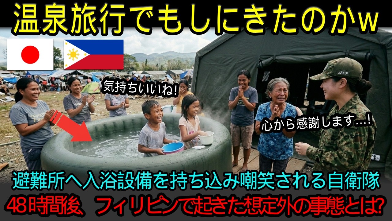 「温泉旅行でもしに来たのかｗ」フィリピン台風被害の救援支援で野戦入浴設備を搬入した自衛隊に批難の嵐→48時間後、全世界が驚愕した想定外の事態とは？【海外の反応】