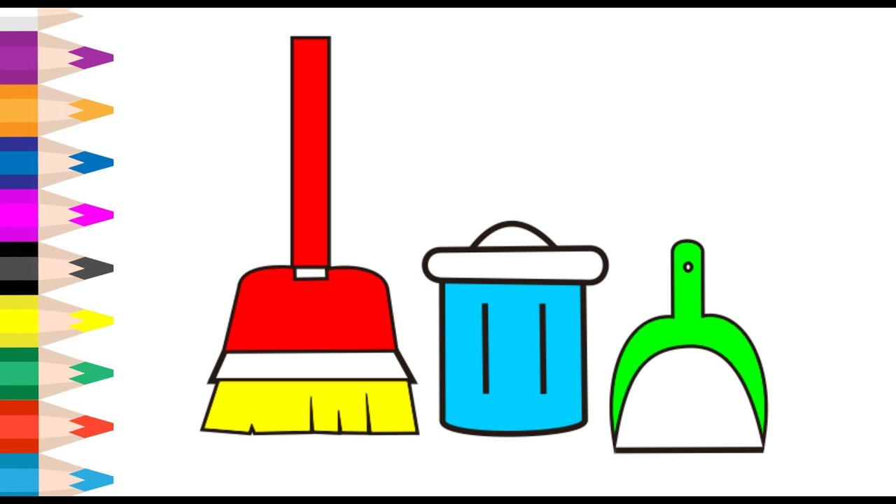 Cleaning Tools drawing and coloring | How to drawing a broom | trash bin drawing ideas