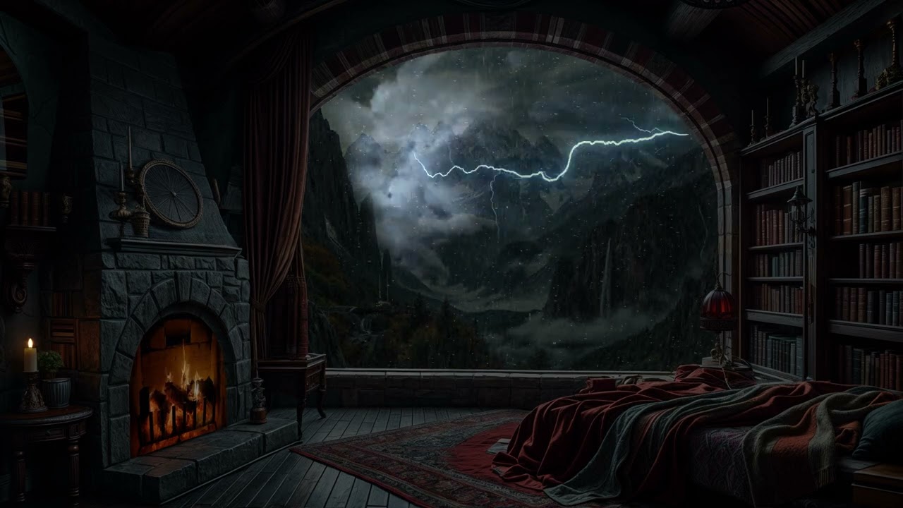 Moody Rainy Night with a Castle View 📖✨ Relaxing Fireplace, Rain Sounds, Thunder & Cozy Ambience