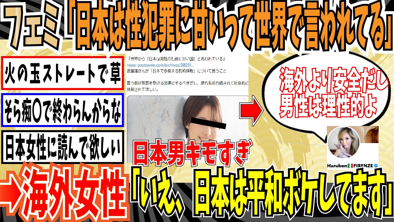 【論破】渡邊渚さん「世界から『日本は男性の性欲に甘い国』って言われてる」　➡イタリア女性「日本は安全だし女性は平和ボケしてる」【ゆっくり ツイフェミ】