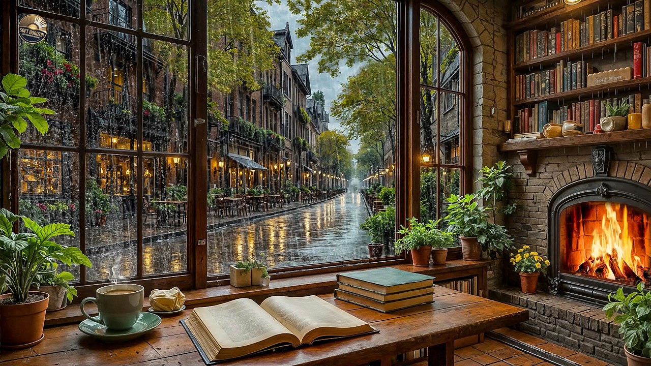 Cozy Rain by the Forest🍀Relaxing Jazz Piano & Fireplace Ambience for Study & Reading