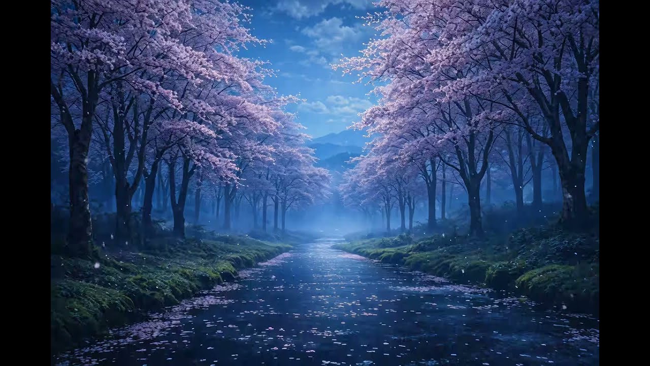 Moonlit Cherry Blossom Grove Stream (10 Hours, 4K) | Deep Sleep Ambient