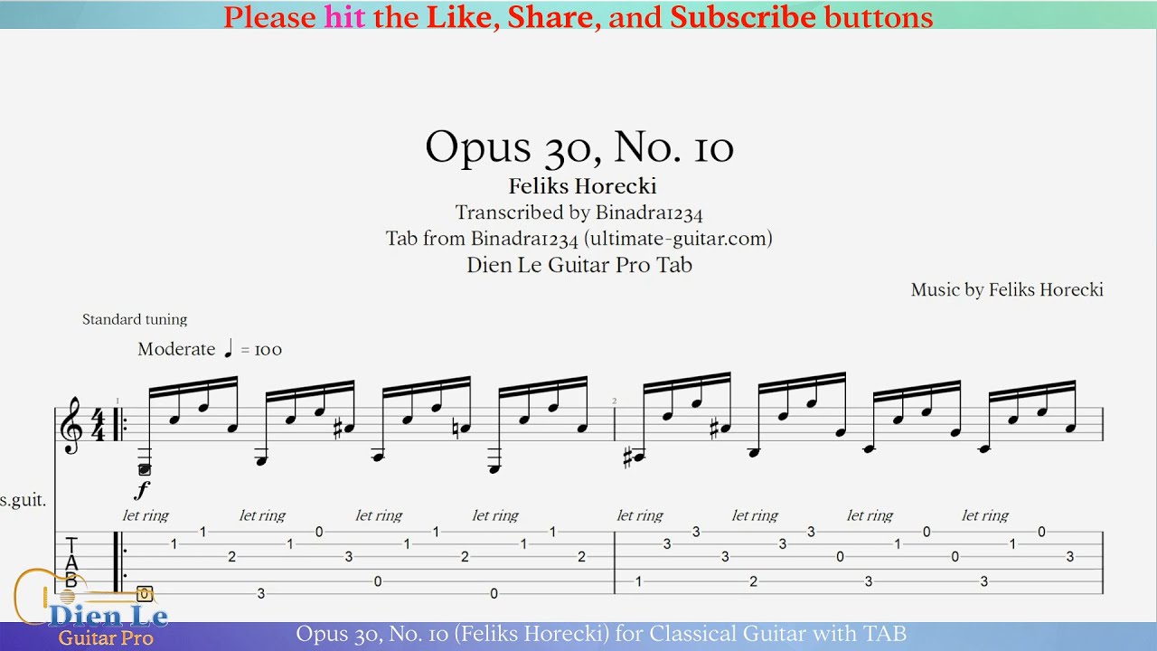 Opus 30, No. 10 (Feliks Horecki) for Classical Guitar with TAB