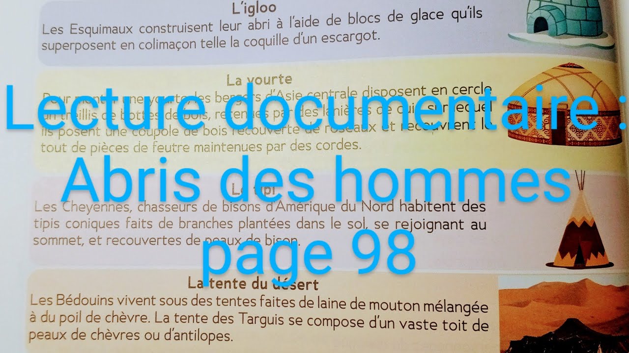 CE2 : Lecture documentaire : Abris des hommes page 98. Le trésor des mots