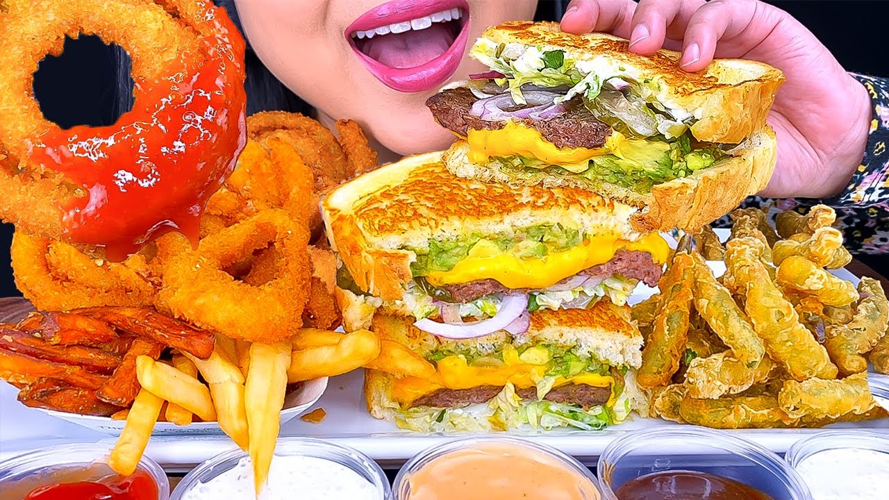 ASMR DOUBLE CHEESEBURGER, ONION RINGS, TEMPURA GREEN BEANS, FRIES *HABIT BURGER* (ASMR PHAN)
