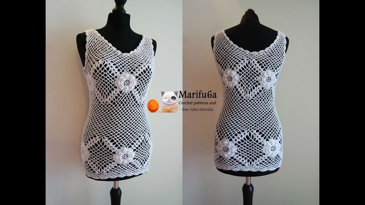How to crochet top tunic with roses  by marifu6a