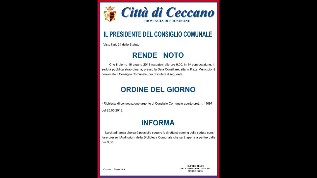 Comune di Ceccano - Consiglio Comunale del 16/06/2018