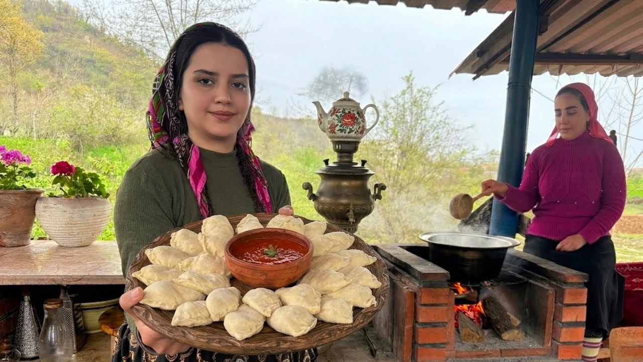 Cooking rustic food in the rainy weather of the village