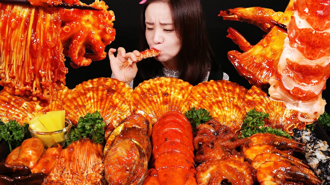 ASMR ) острые огненные морепродукты (хвост омара, креветки, морское ушко, гребешок, осьминог, грибы)