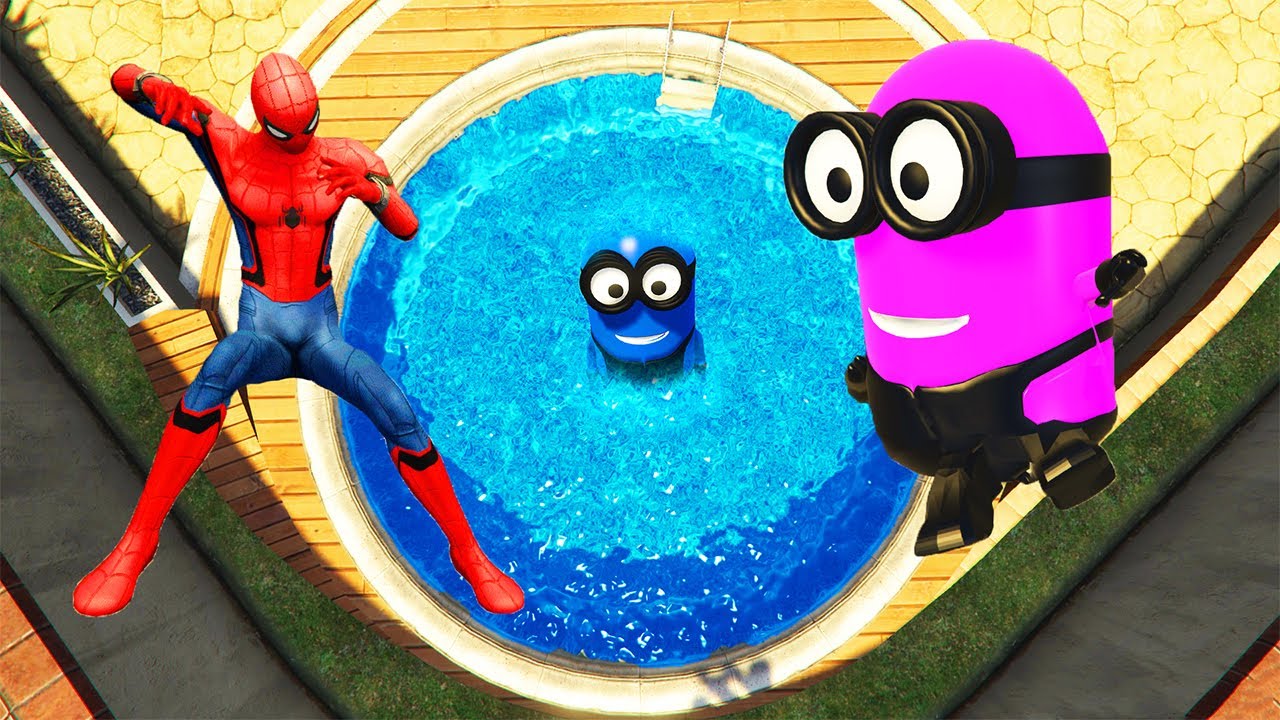 Spiderman & Rainbow Minion Team Pool Parkour in GTA 5 (Funny Moments & Fails) #14