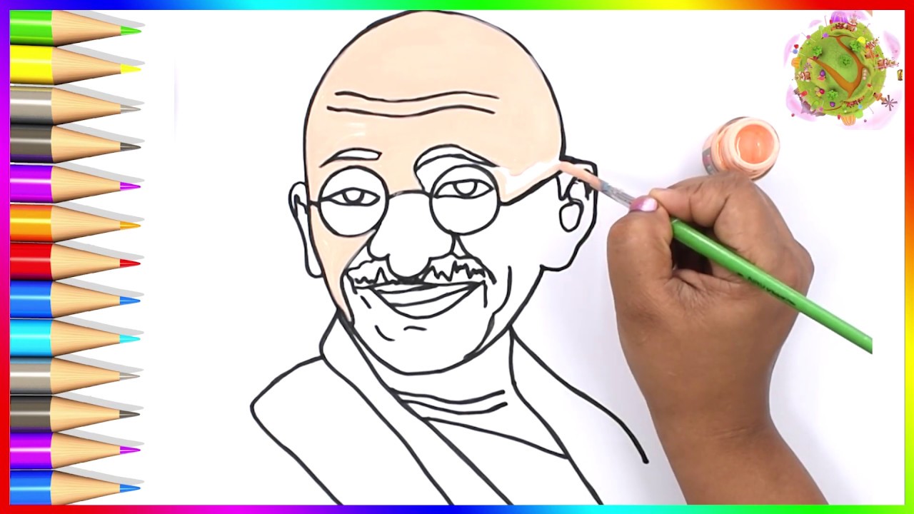 Colorful Mahatma Gandhi, How to draw Mahatma Gandhi step by step & coloring, sketch outline DoodleTV