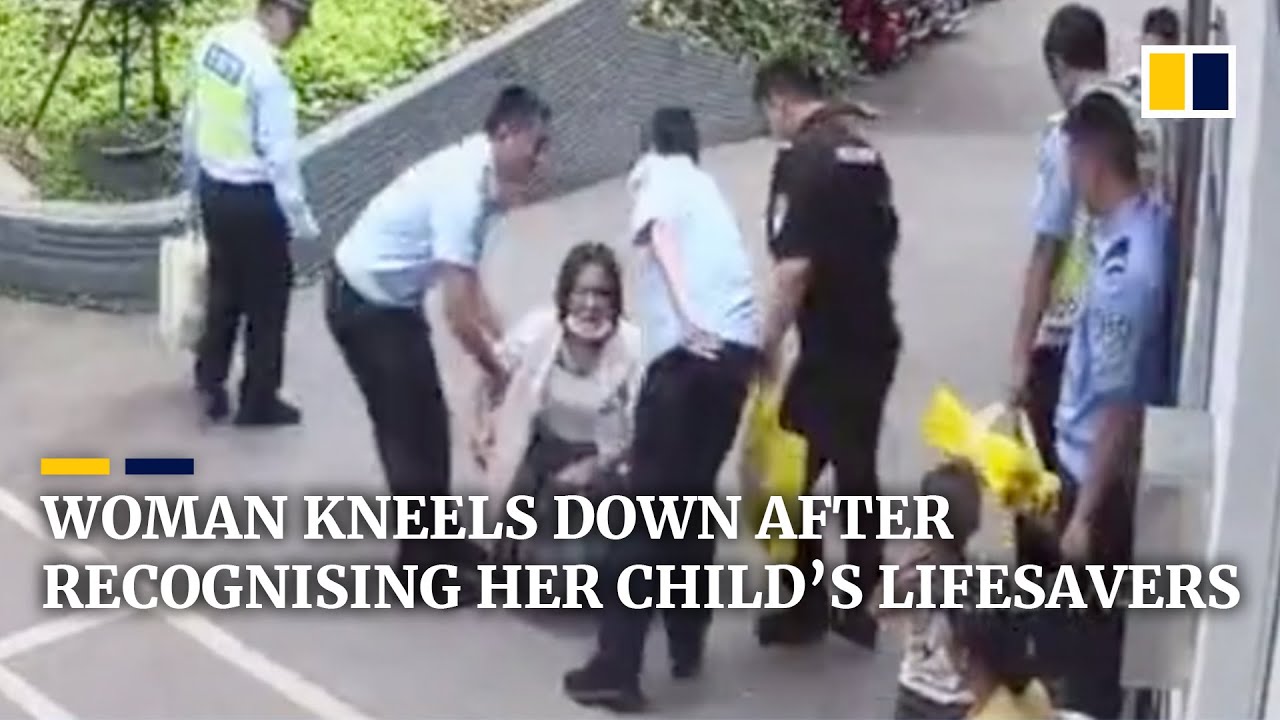 Chinese woman kneels down after recognising men who saved her child’s life