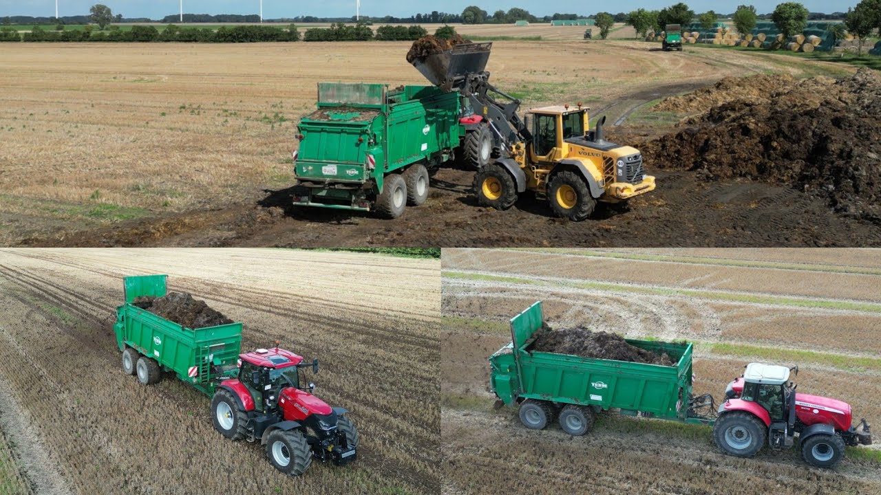VOLVO L70F Radlader belädt CASE PUMA 240 & MASSEY FERGUSON 8470 mit TEBBE Streuer / Miststreuen / 4K