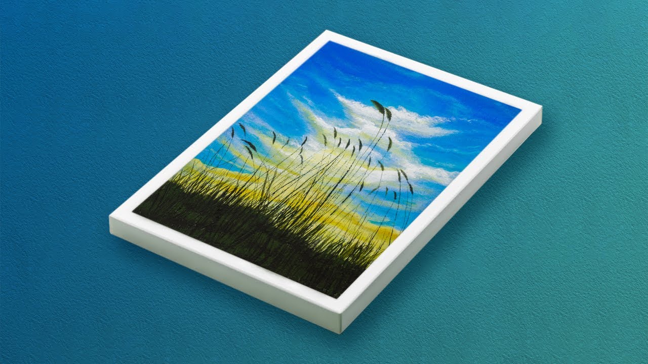 Blue Sky with Yellowish and White Clouds | Wild Grass Landscape Painting Tutorial