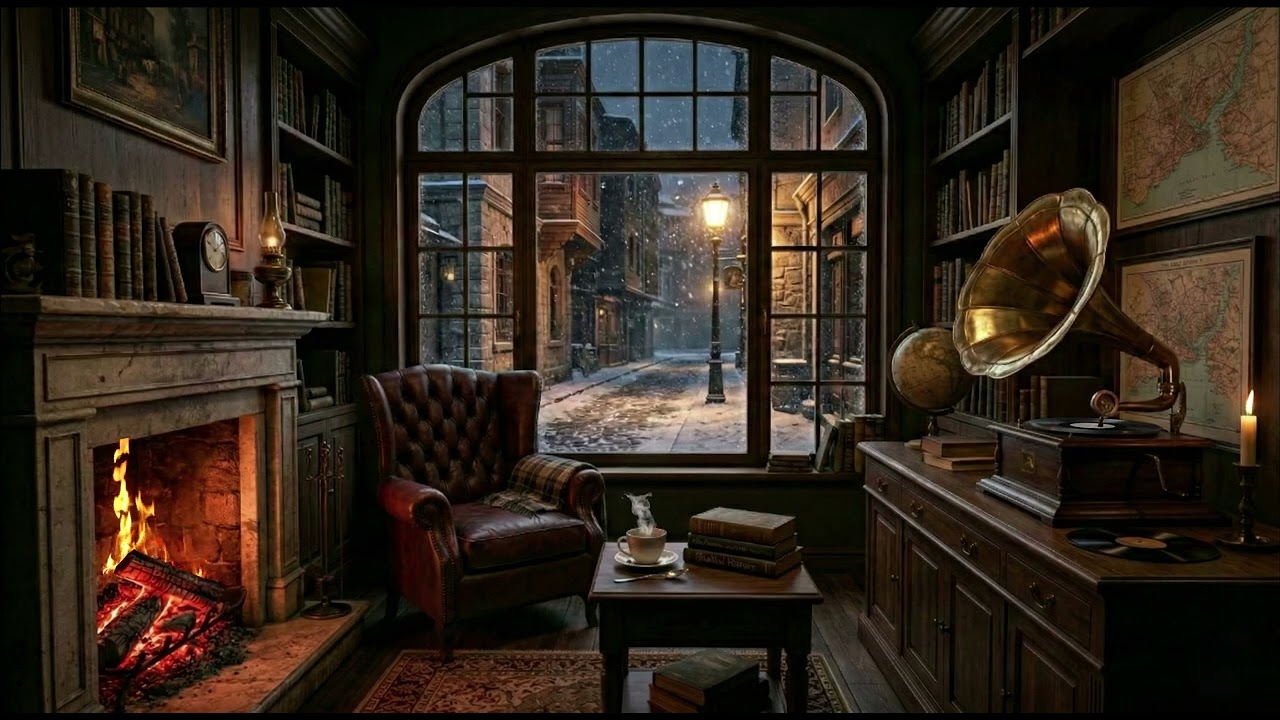 Snowy Night in 1940s | Vintage Gramophone Dark Jazz & Crackling Fireplace