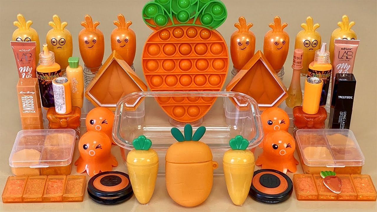 CARROT SLIME 🥕🧡 Mixing makeup and glitter into Clear Slime 💯% ASMR Satisfying Slime Video 1080p
