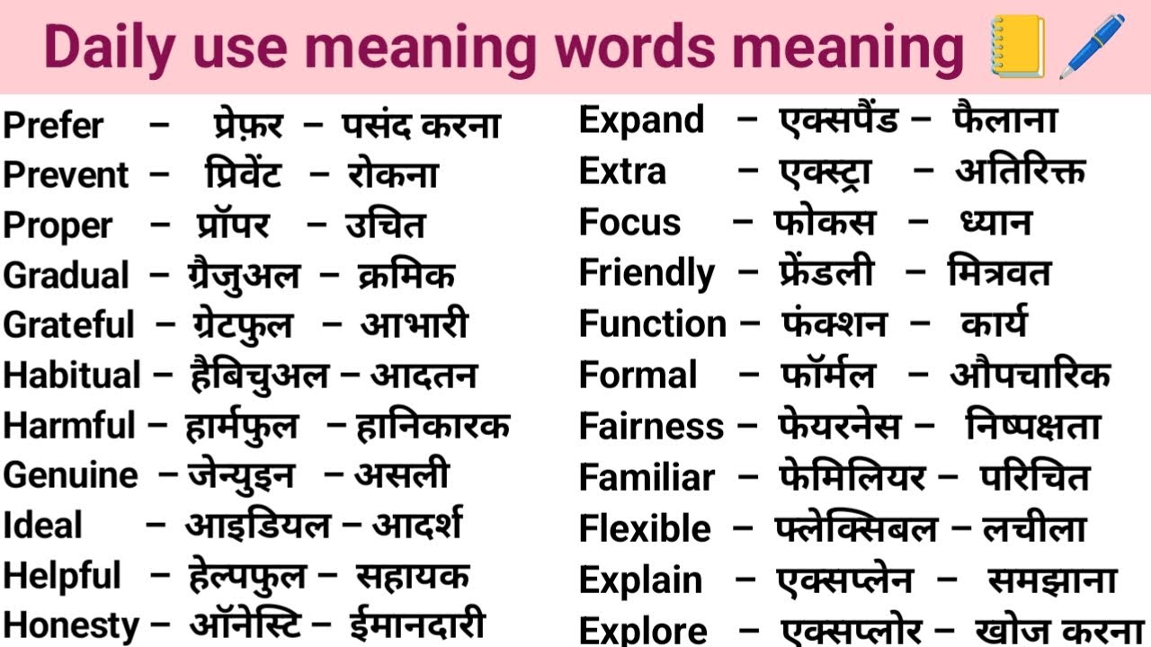 100 Words with Hindi Meanings | Word Meaning | Daily Use English
