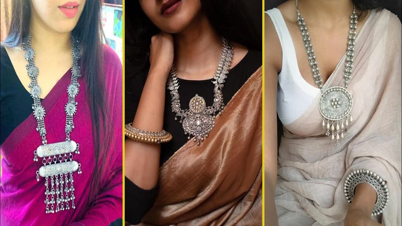 Gorgeous Beautiful Silver Oxidised Jewellery, Saree Styling  jewelery Ideas For Office,college Wear