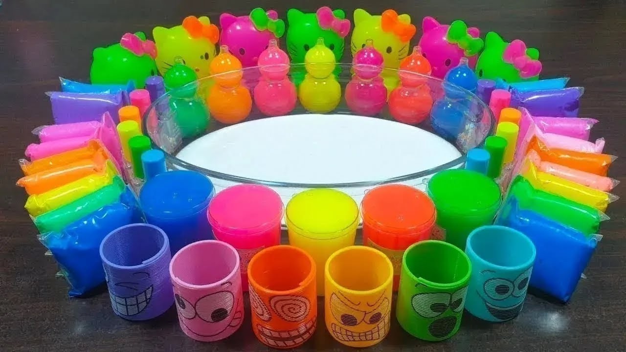 Rainbow slime ! Mixing random things into glossy slime ! Satisfying slime videos !!!