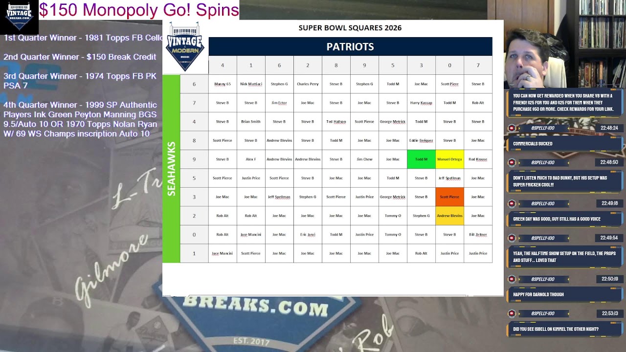 Vintage Breaks Live: 2/8/2026 Super Bowl Squares