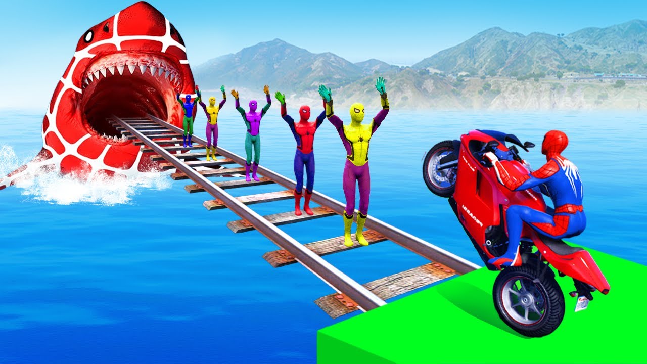 SPIDER-MAN against SHARK Ride on Motorcycle STUNT FUNNY MOMENTS | Rockstar GTA 5 Monster Pro
