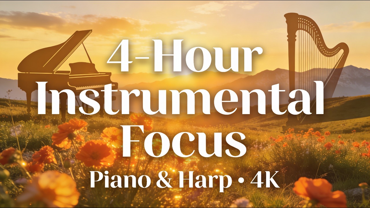 4 Hours Instrumental Focus - Meditative Atmosphere - Warm Piano & Shimmering Harp 4K