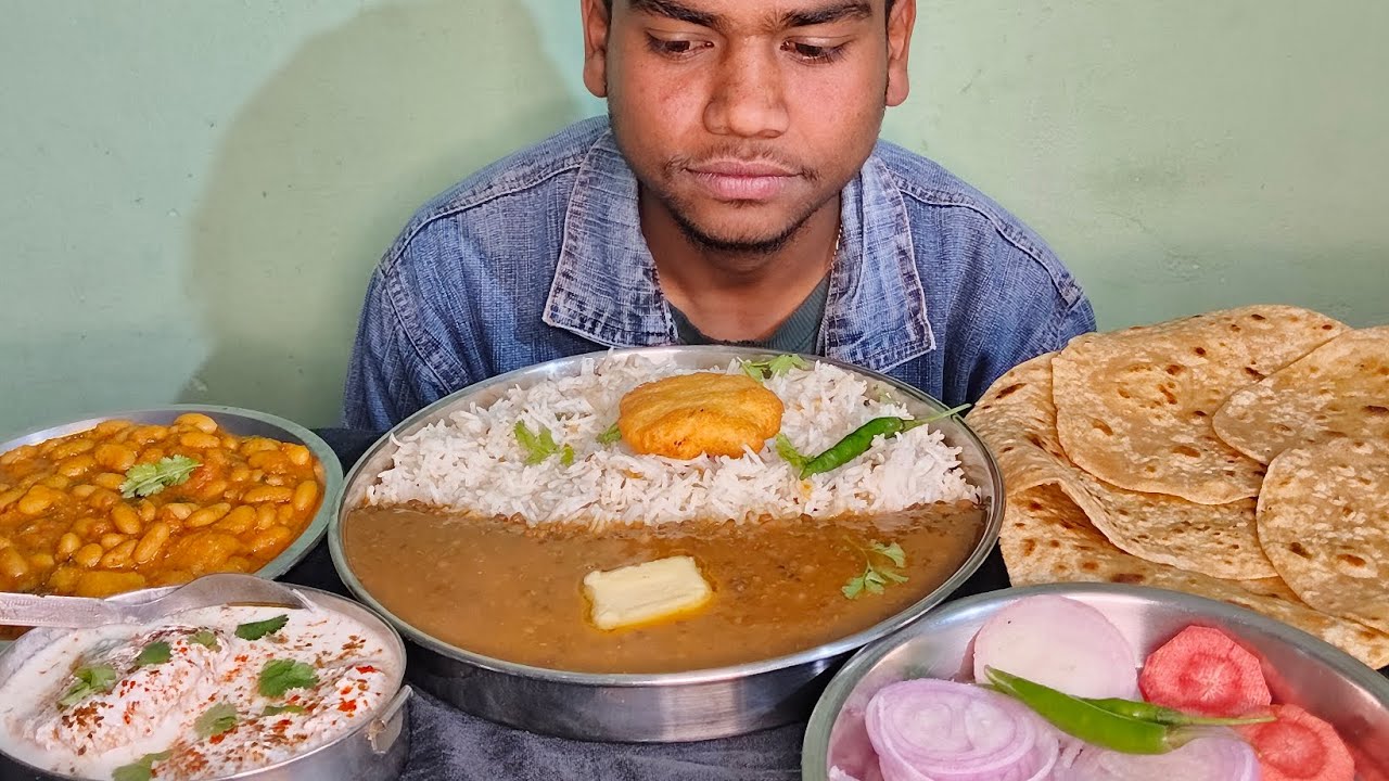 ASMR Eating daal makhni, chawal, dahi vada, rajma sabji, paratha, salad😋.