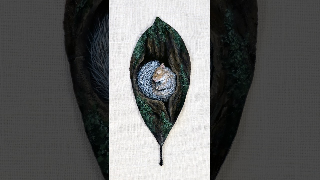“Little Dreamer” - Painted on a preserved magnolia leaf 🐿️