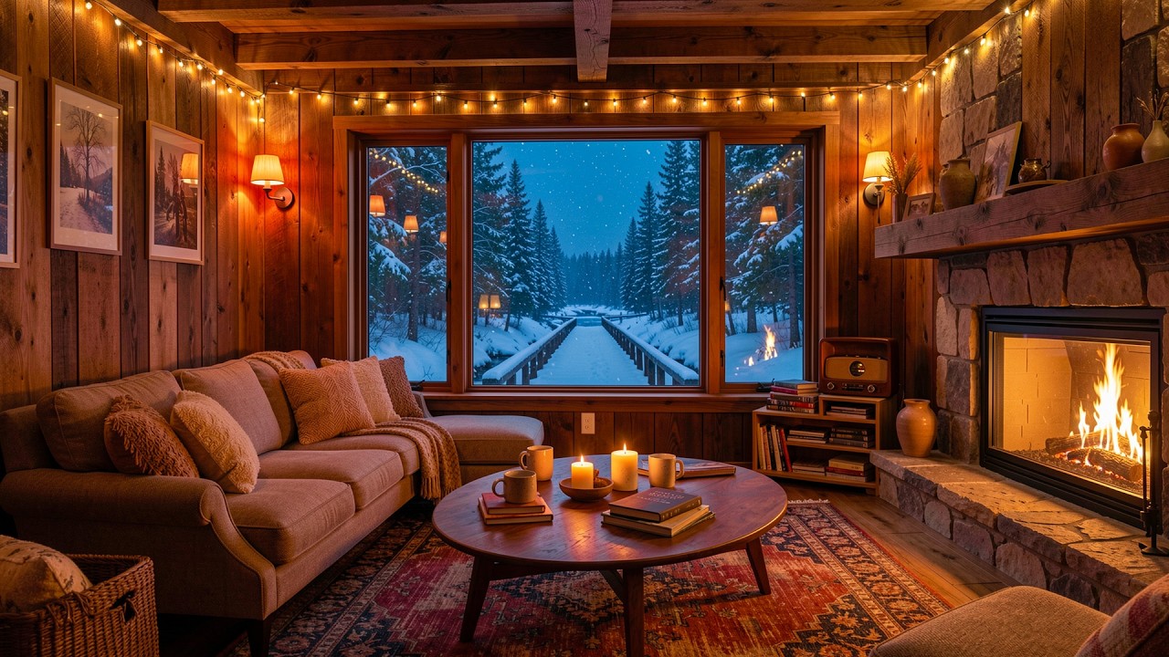 Cozy Cabin Ambience on Winter Night | Soothing Jazz, Fireplace Sounds & Sleeping Cat