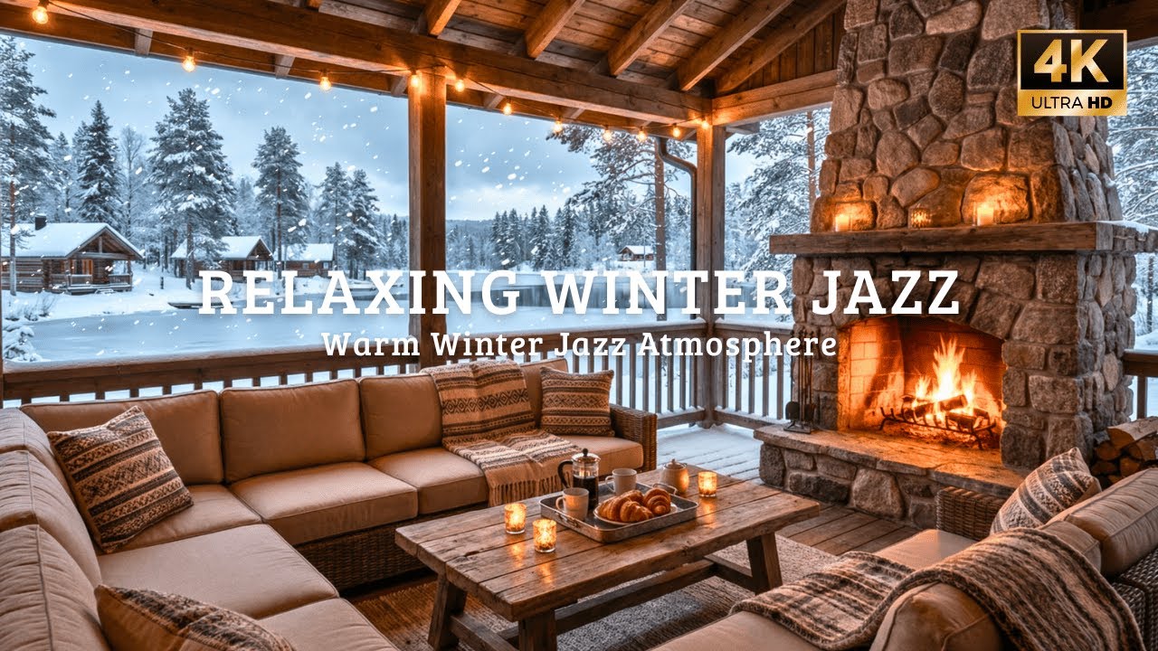 🔴 Peaceful Winter Cabin ❄️ Gentle Jazz Piano & Fireplace for Focus & Calm