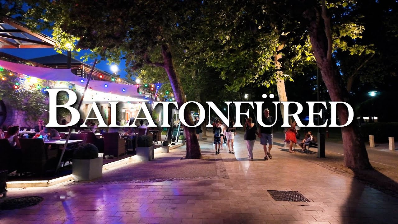 Summer night walk in Balatonfüred - Eszterházy Beach, fountain, bright colours | 4K