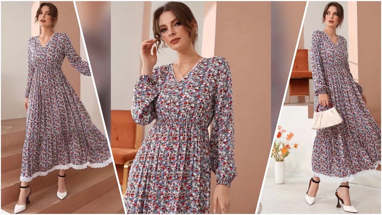Elegant Floral V-Neck A-Line Dress with Lace Trim and Lantern Sleeves – Perfect for Spring & Fall