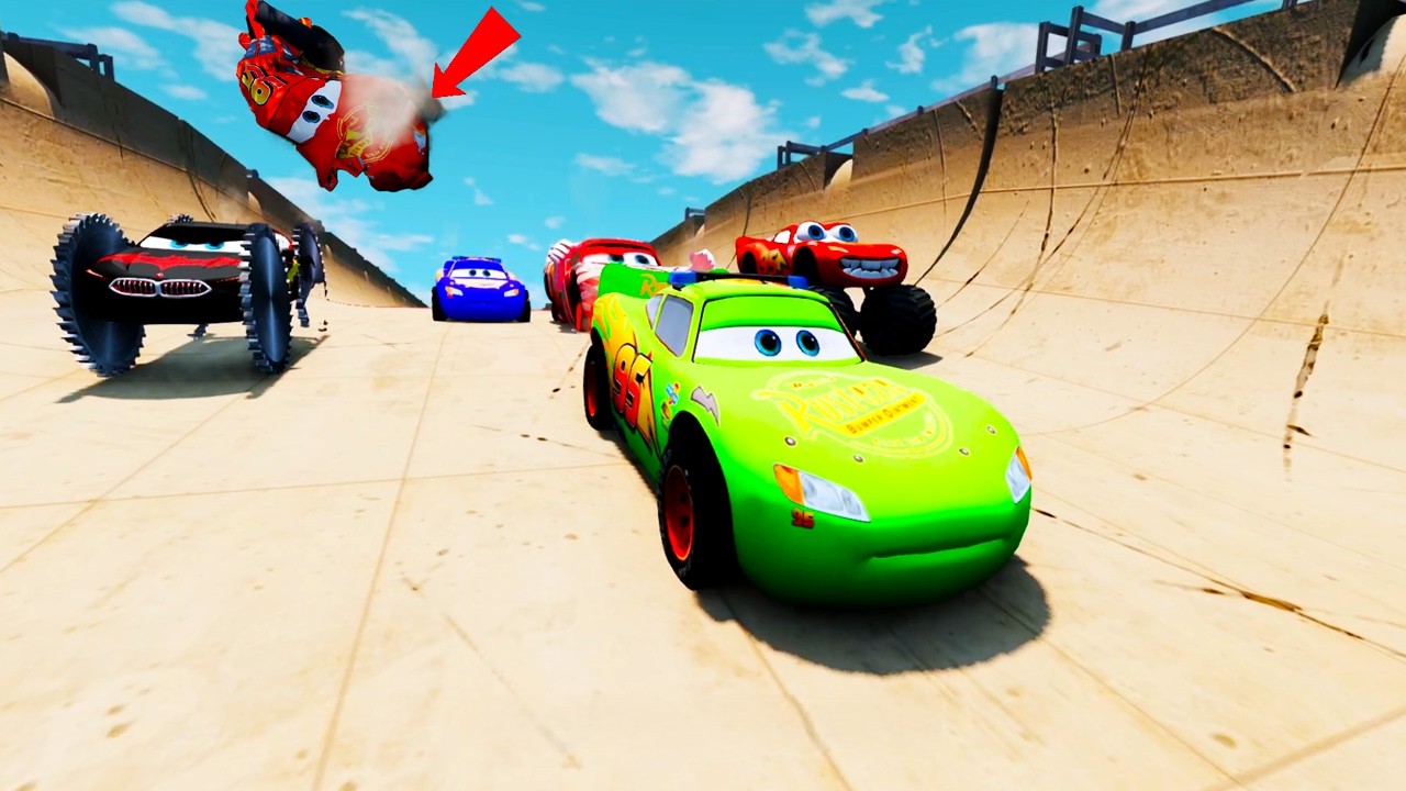 😱MCQUEEN & CARS vs INSANE MEGA RAMP🔴BeamNG drive, Car simulator, Pixar cars challenge