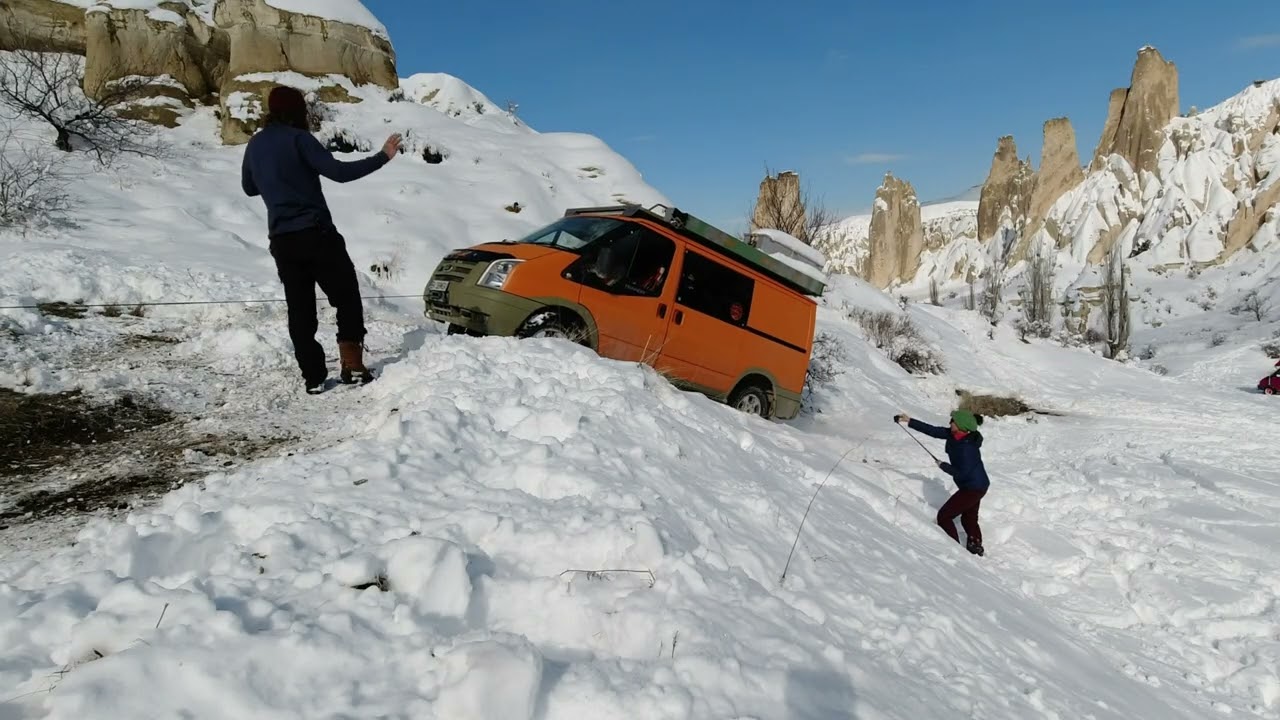 Ford transit 4x4 Adventure camper playing in snow.