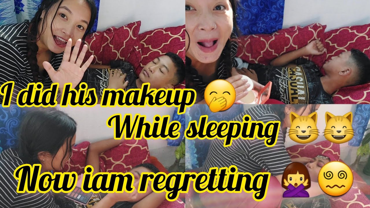 i did his makeup while he is sleeping 😁🤭 look at his reaction🤬 now iam regretting #regret #hismakeup