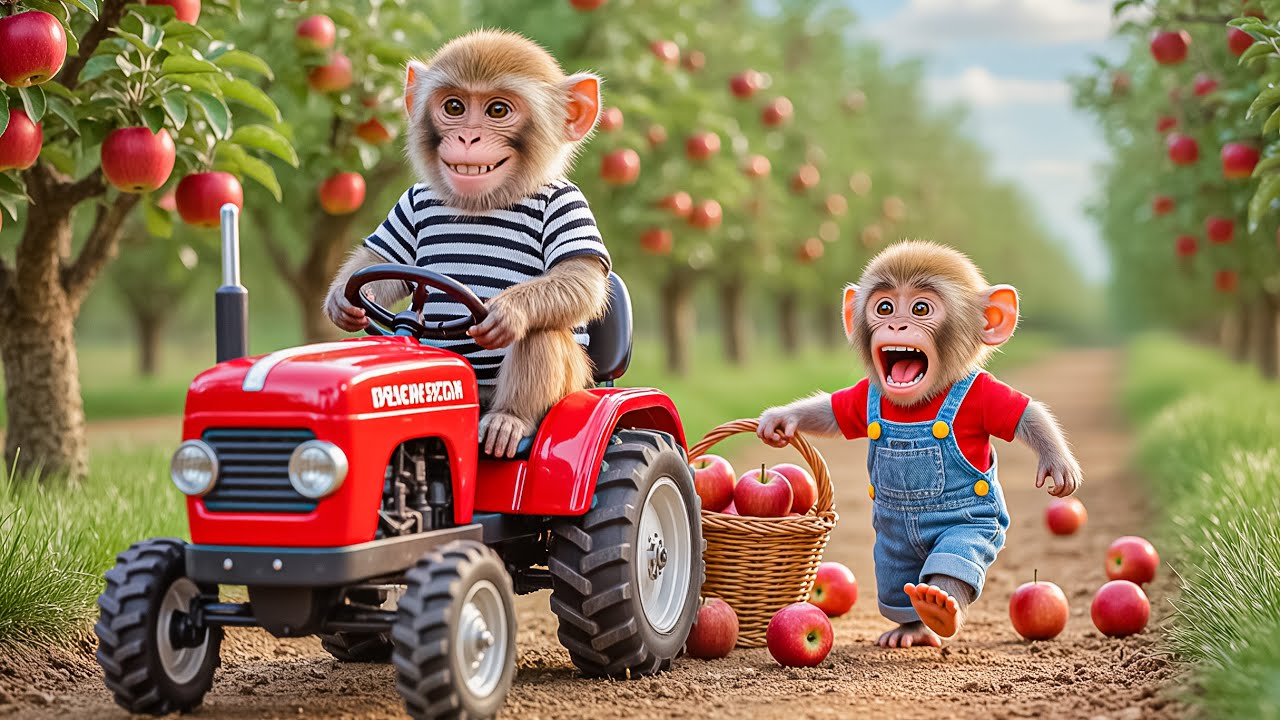 Baby Monkey Nana Drives Tractor to Harvest Apples & Make Yummy Apple Treats 🐒🚜🍎🍏